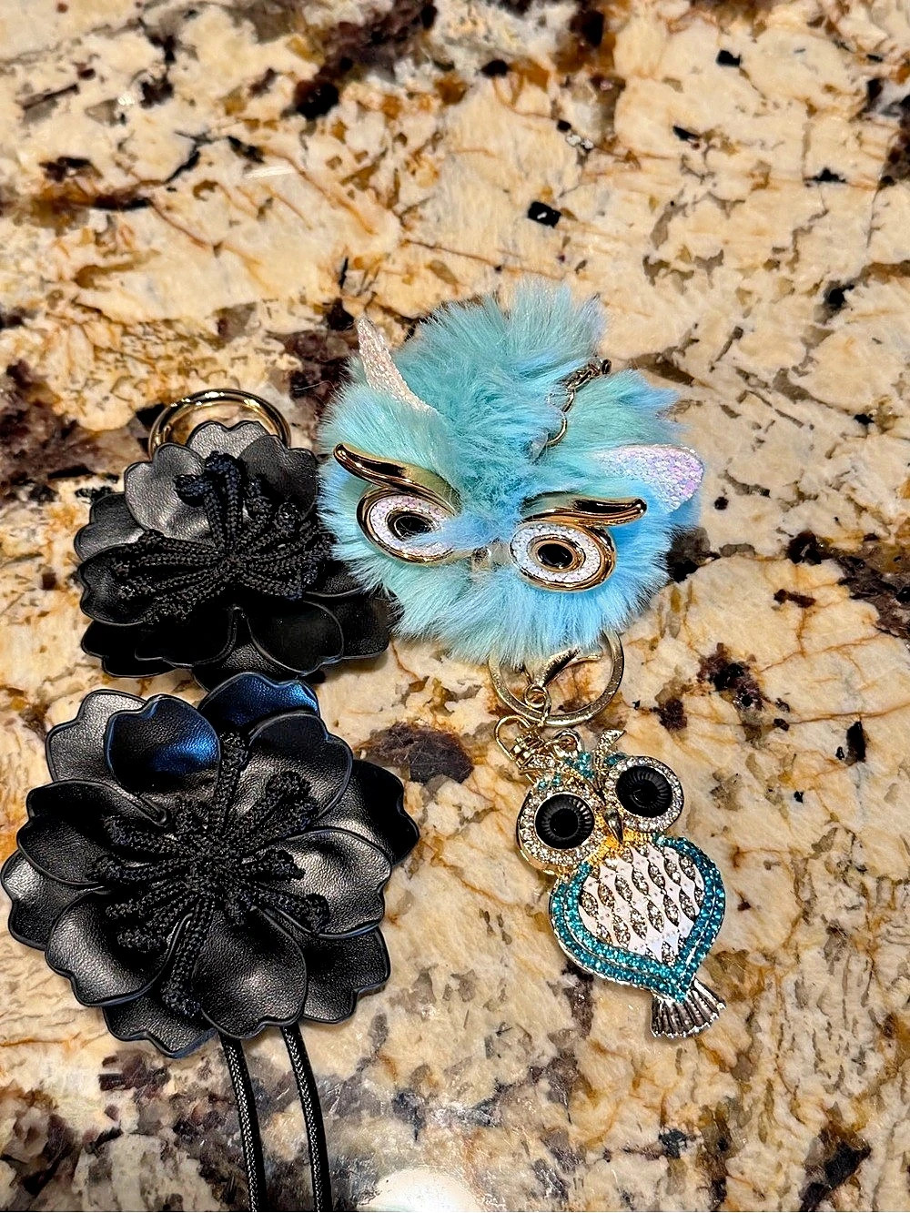 Decorative Owl Pom Pom Flower Faux Leather Keychain Bag Charm Bundle Set